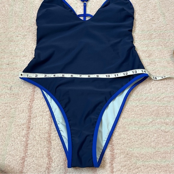 NWT Cupshe Navy One Piece Swimsuit Low Front High Hip Cage Back Size Medium - Picture 7 of 13